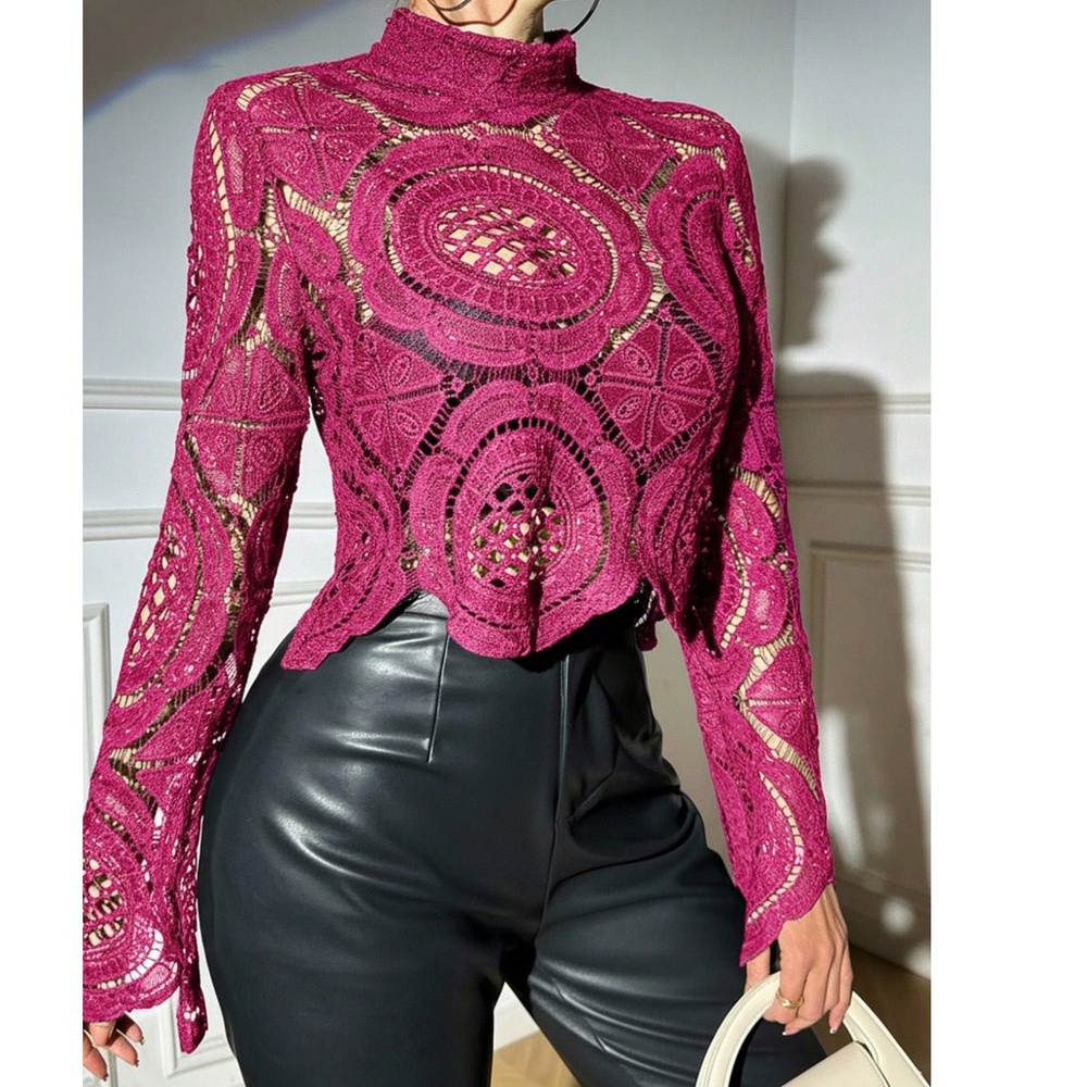 High Neck Floral Semi Sheer Flared Sleeve Cropped Top - Picture 8 of 9